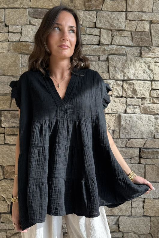 Tasha Cushion Cotton Cap Sleeve Tier Top Black